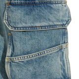 Close up of Blue pants, showing texture of the cotton fabric