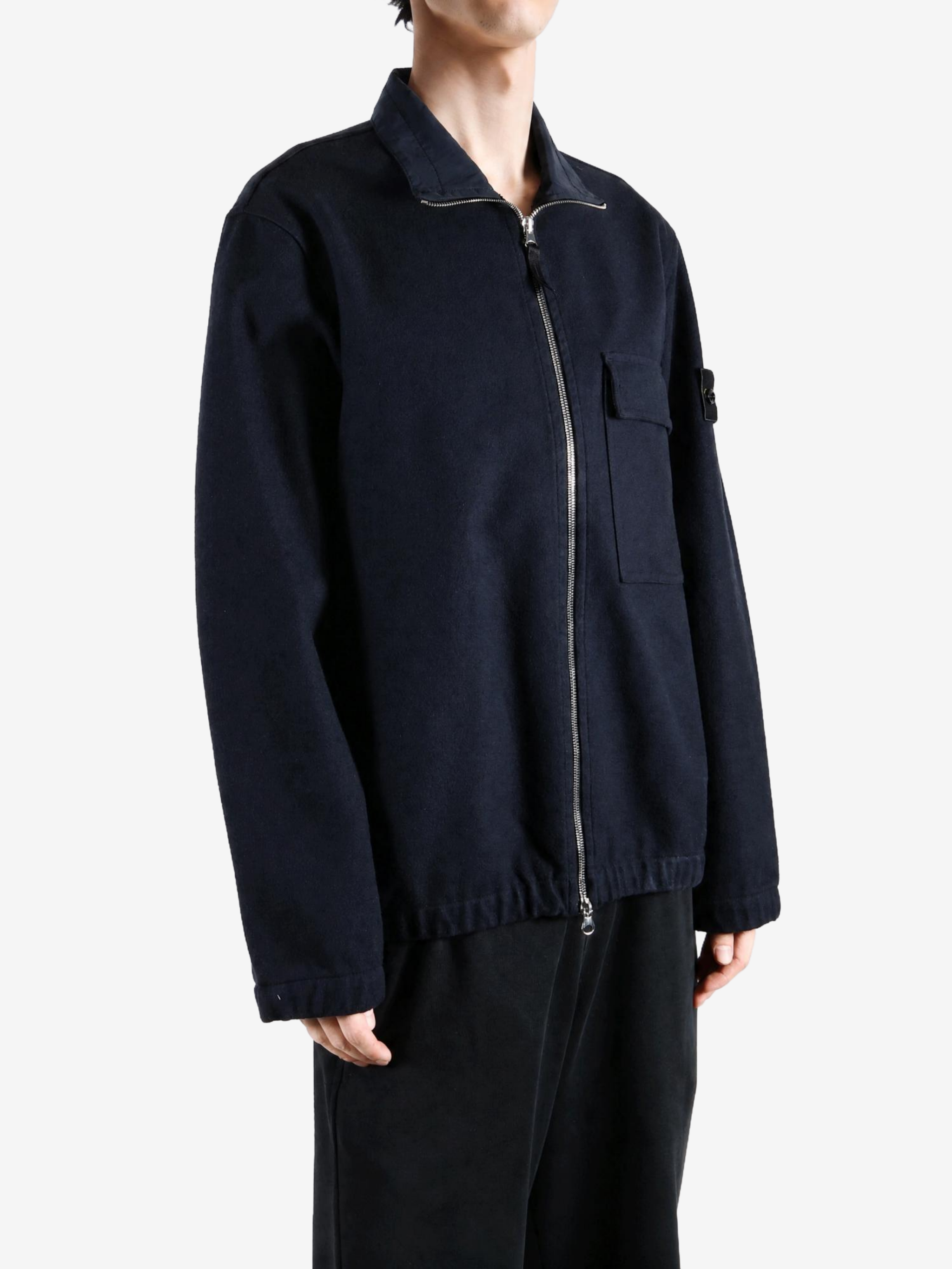 Navy shirt, full body view