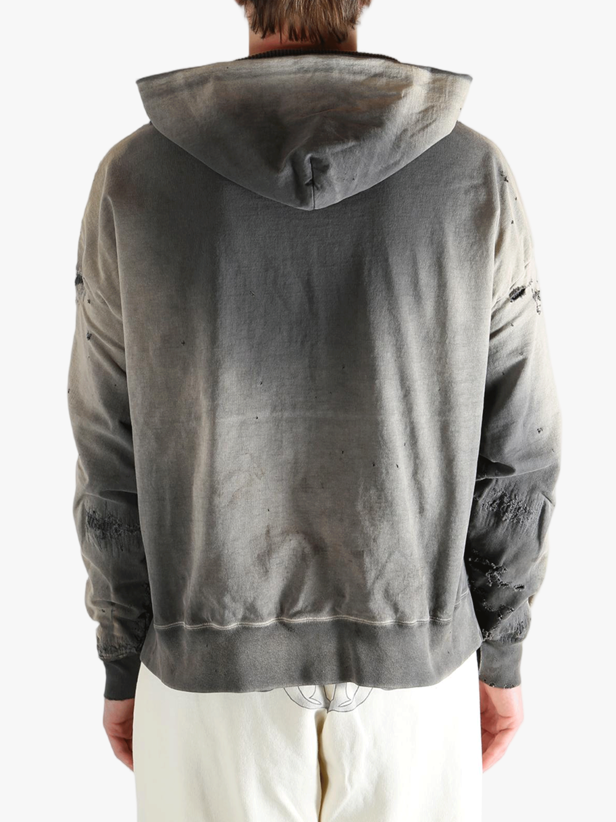 Grey sweats-hoodies worn by a person, showing the sweats-hoodies's fit