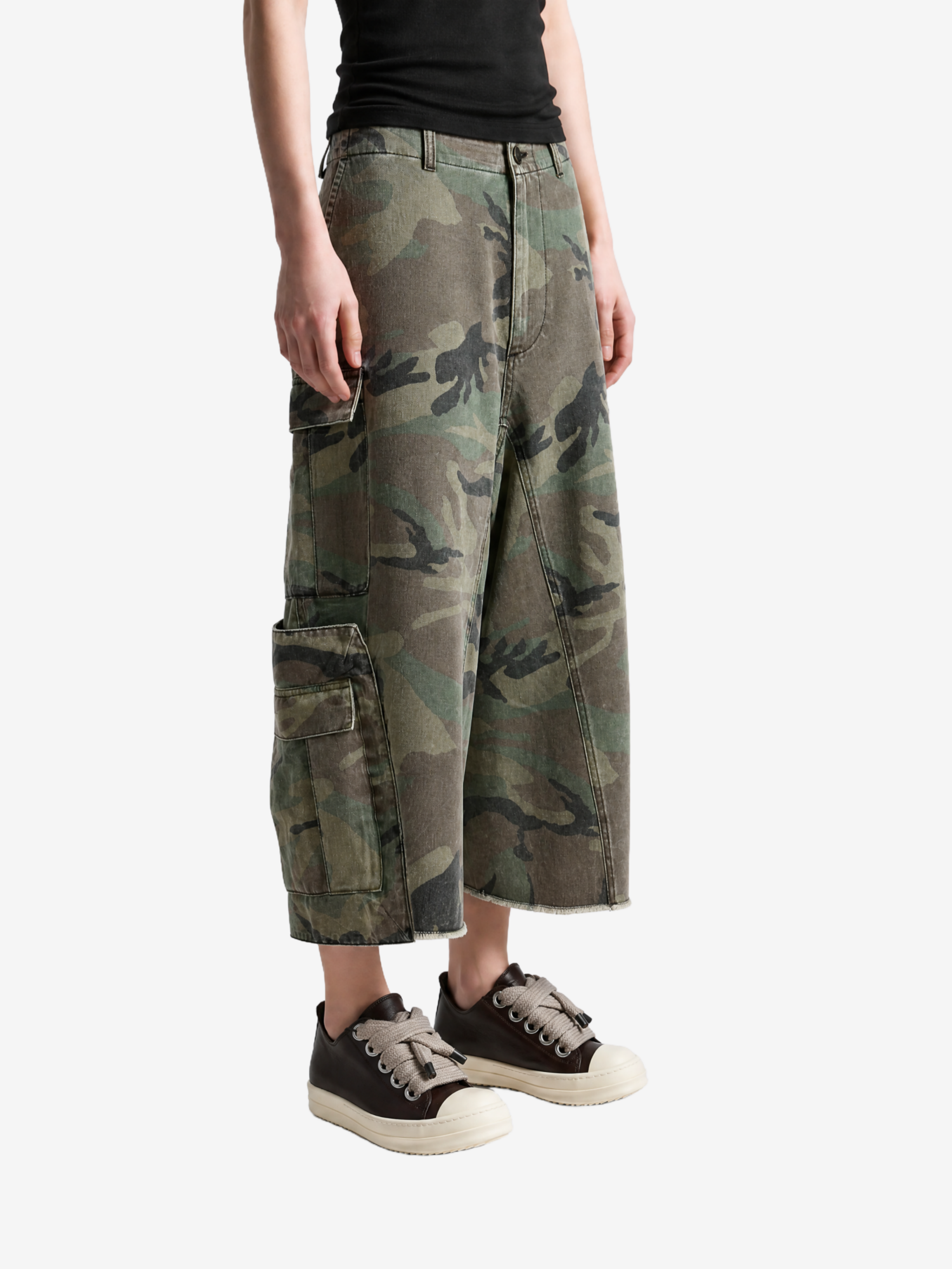 Green pants, full body view