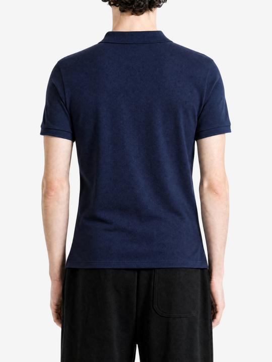 Navy t-shirt worn by a person, showing the t-shirt fit