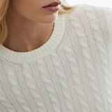 Close up of the white knitwear, showing texture of the cashmere fabric