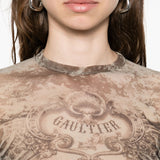 Close up of tan top, showing texture of the polyamide fabric