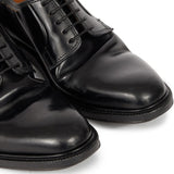 Close up of black shoes, showing texture of the leather fabric