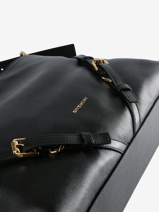 Close up of the black bag, showing texture of the calf leather fabric