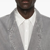 Close up of the grey coat, showing texture of the cotton fabric