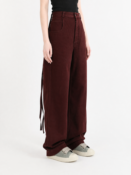 Burgundy pants, full body view