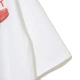 Close up of the white t-shirt, showing texture of the cotton fabric
