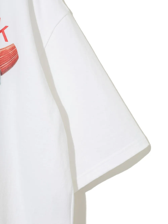 Close up of the white t-shirt, showing texture of the cotton fabric