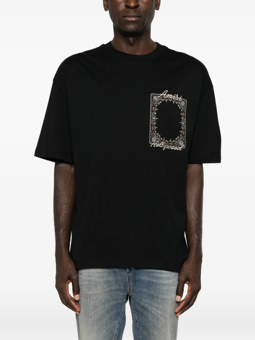 Black t-shirt, full body view