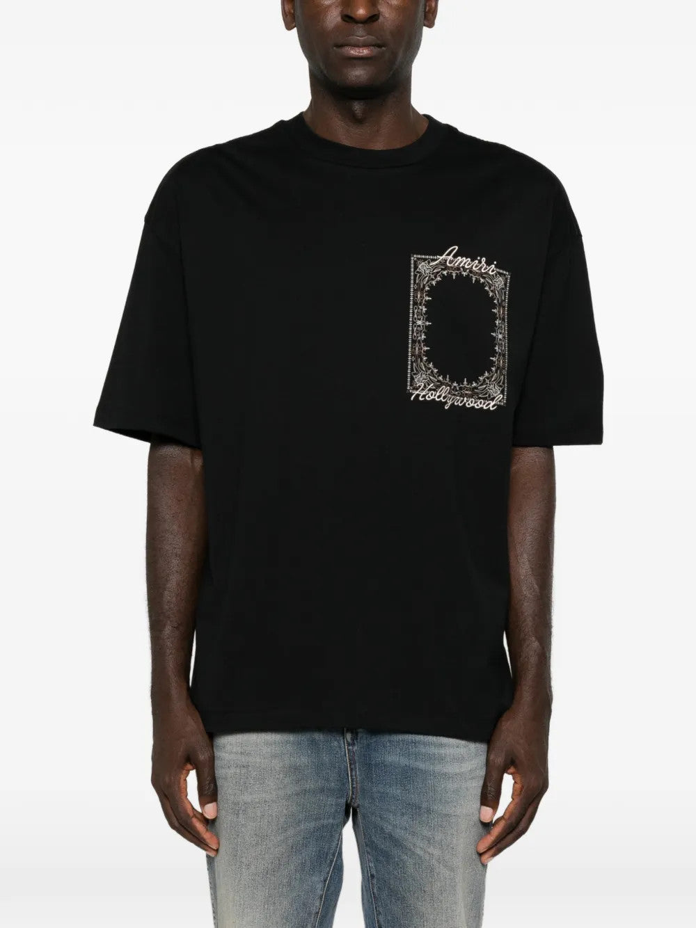 Black t-shirt, full body view