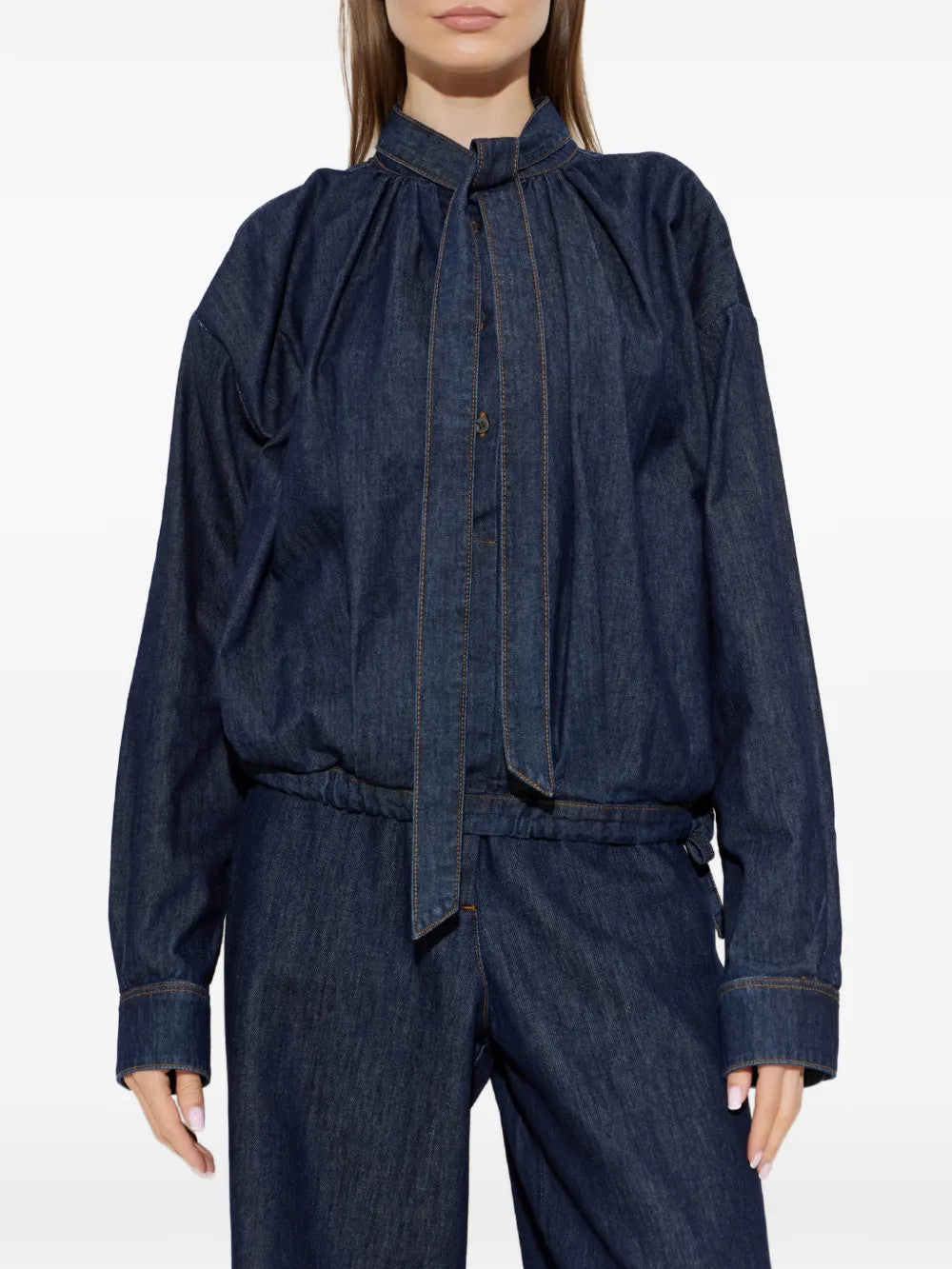 Navy shirt, full body view