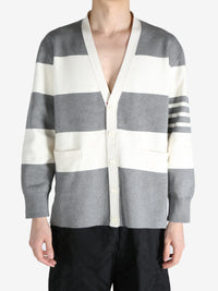 THOM BROWNE - Men Rugby Stripe Milano Stitch  W/4 Bar Stripe V Neck Cardigan