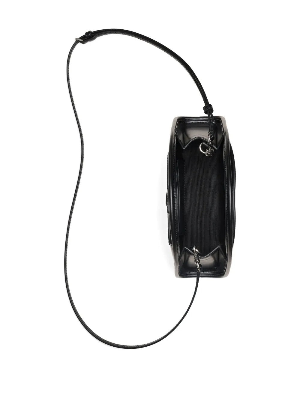 Close up of the black bag, showing texture of the leather fabric