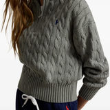 Grey knitwear worn by a person, showing the knitwear fit