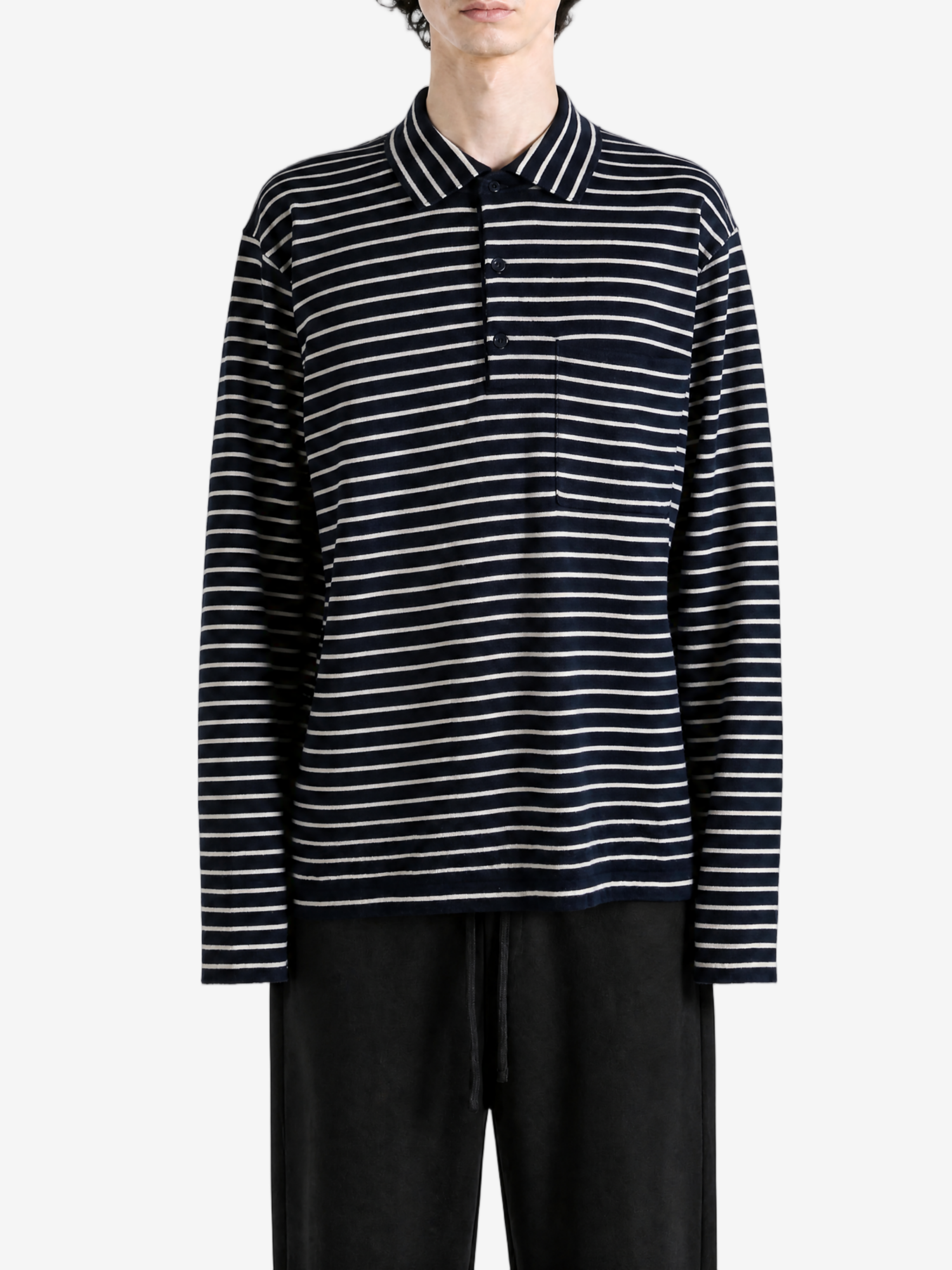 Navy shirt, full body view