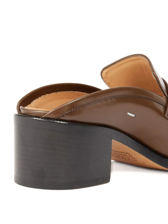 Close up of the brown mules, showing texture of the leather fabric