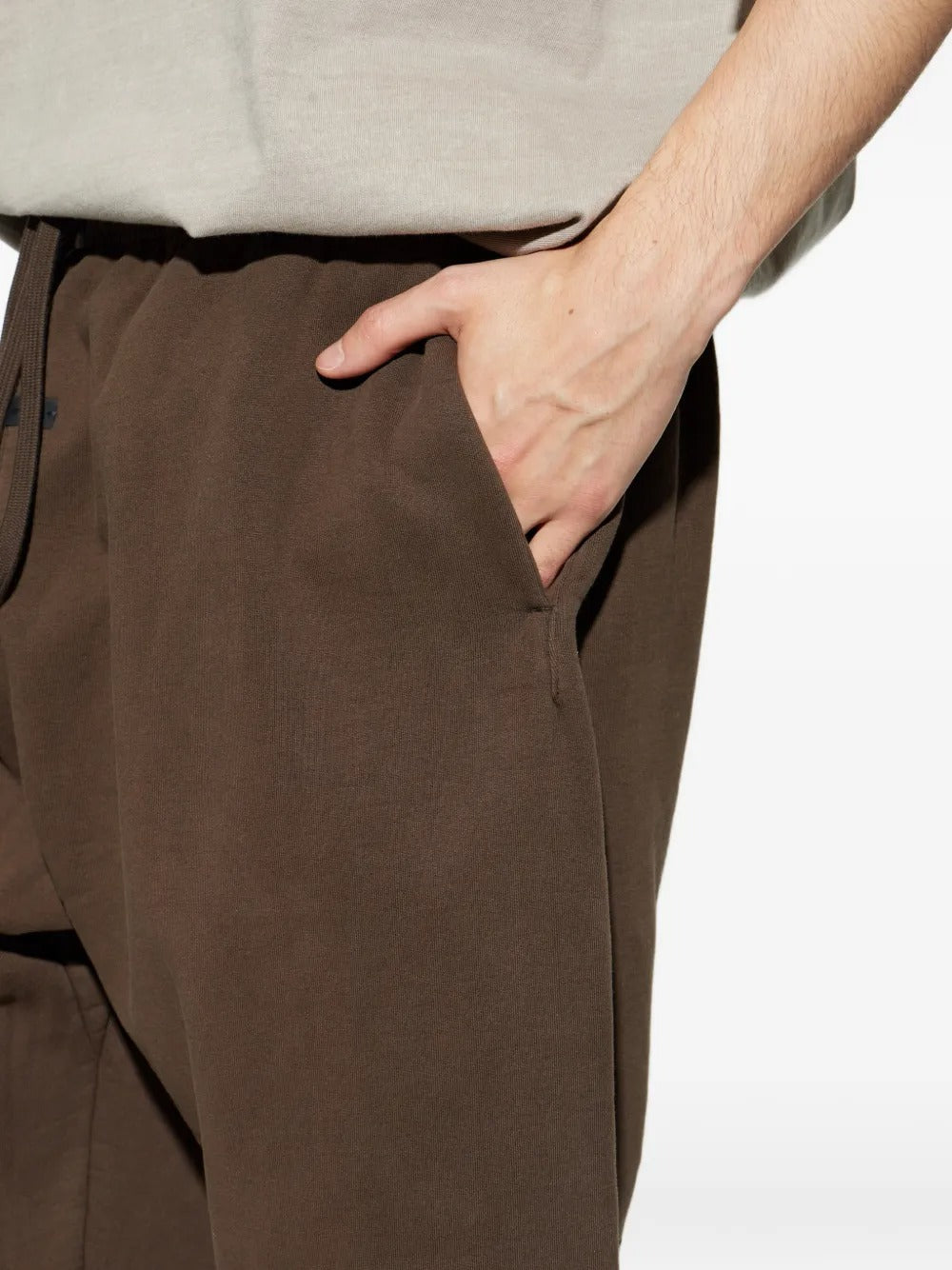 Close up of Brown pants, showing texture of the cotton fabric