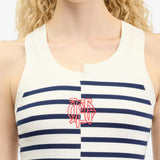 Navy top worn by a person, showing the top fit