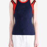 Navy top, full body view