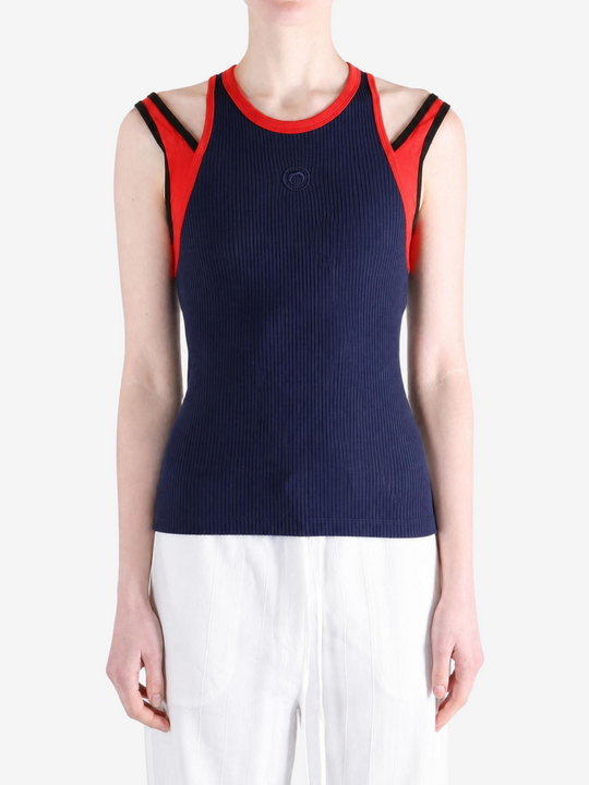 Navy top, full body view