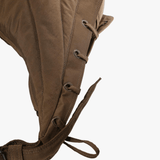 Close up of brown bag, showing texture of the polyamide fabric