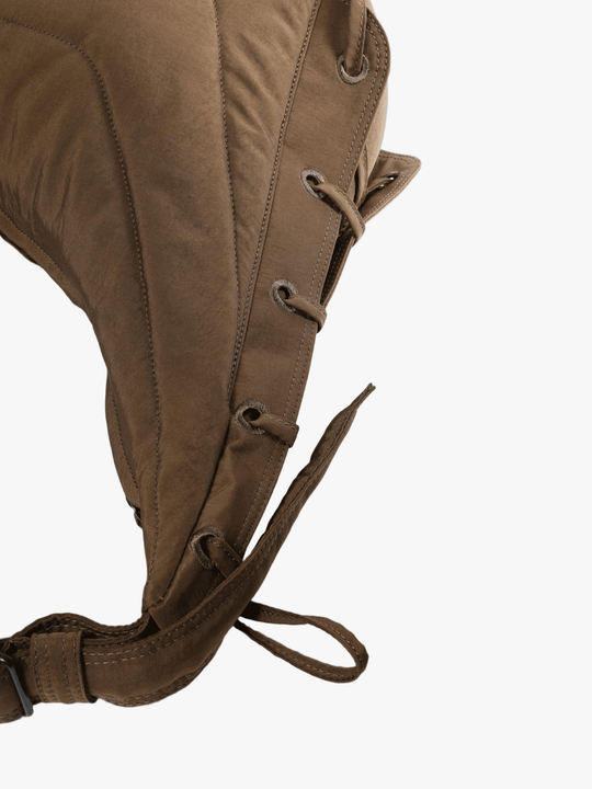 Close up of brown bag, showing texture of the polyamide fabric