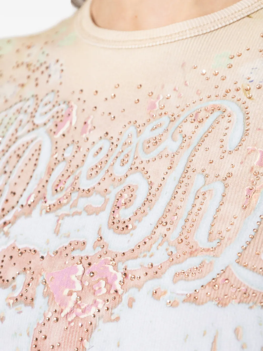 Close up of tan top, showing texture of the Cotton and  Elastane-Spandex fabric