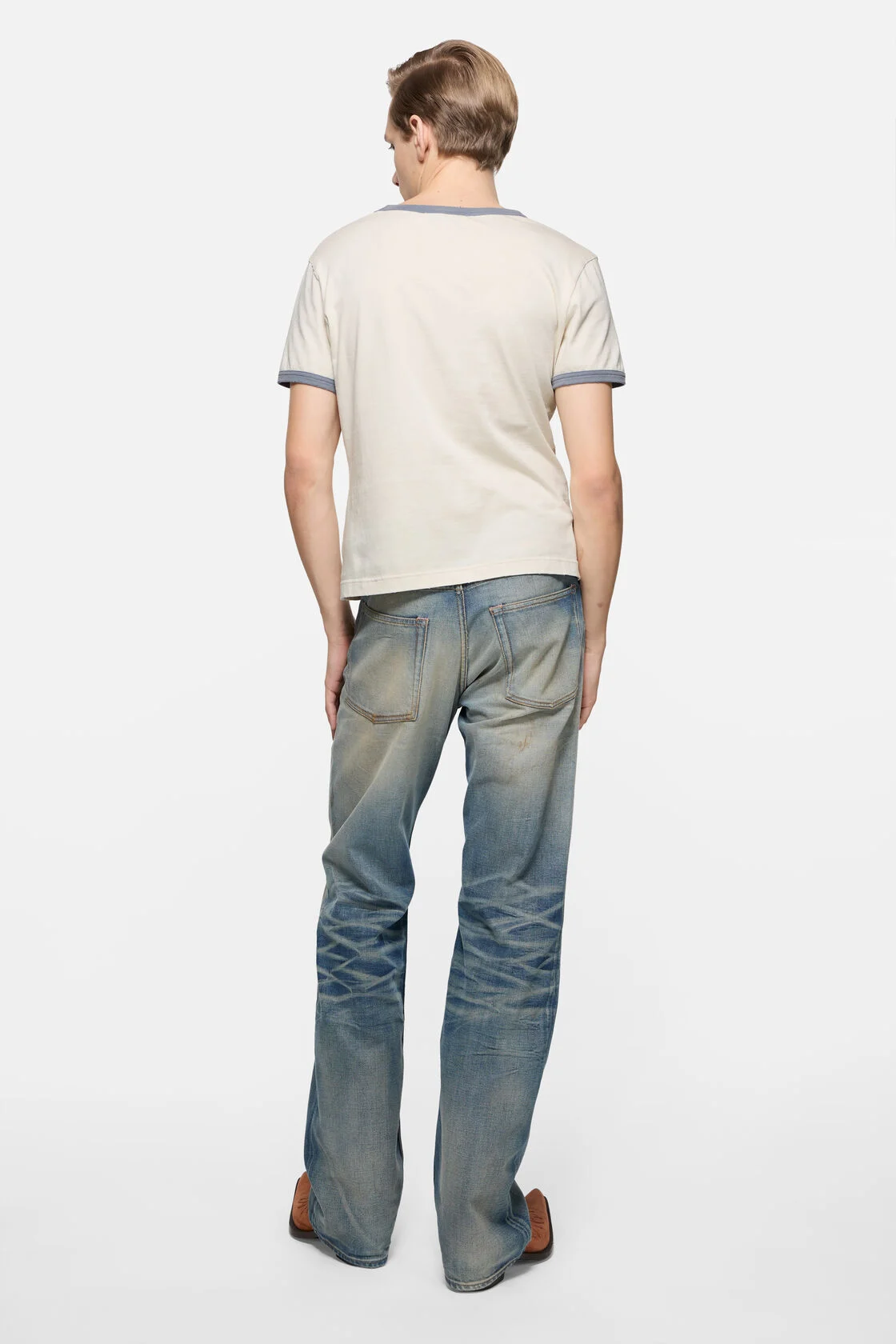 Tan t-shirt, full body view