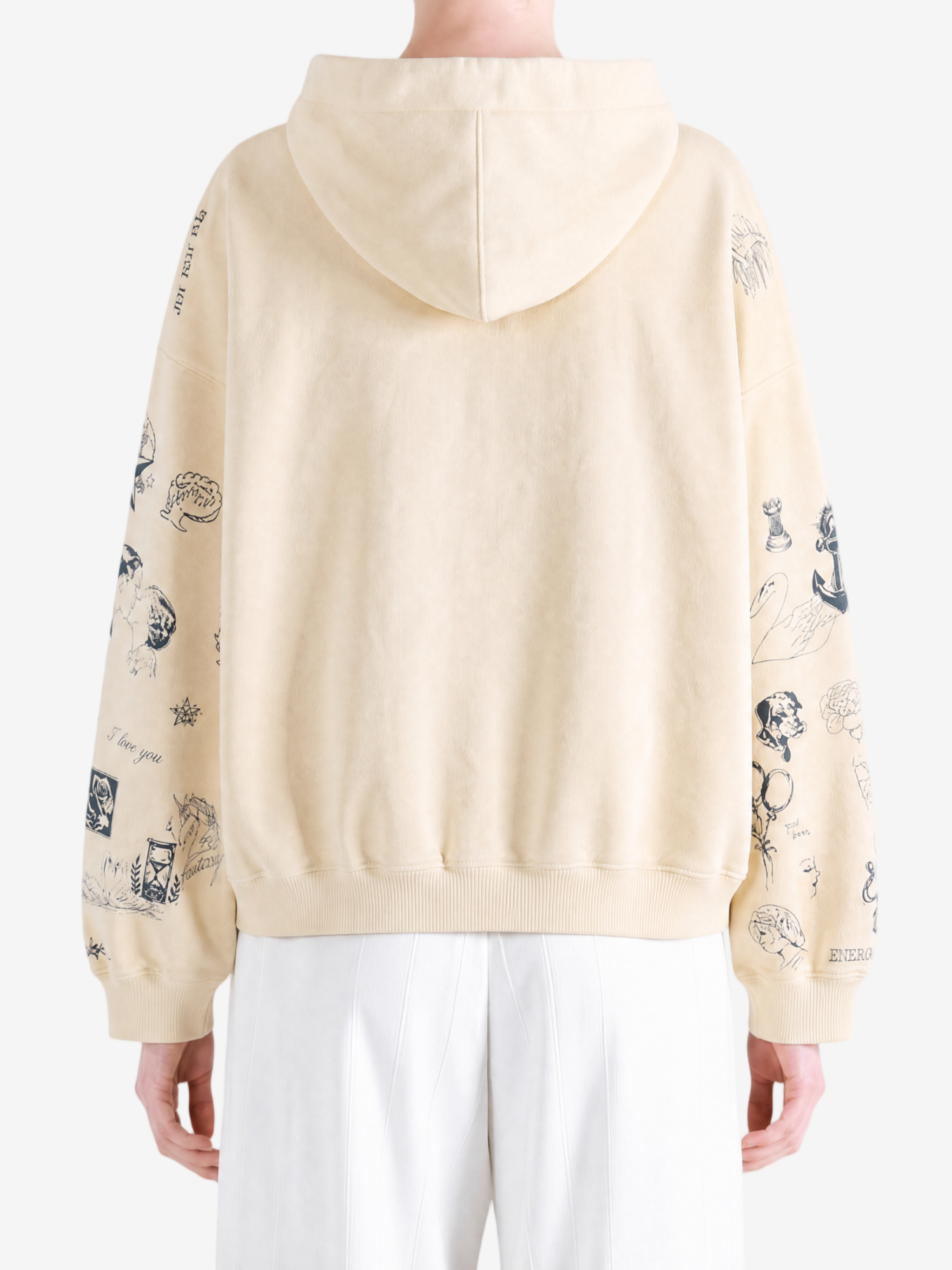 Tan hoodie, full body view