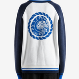 Navy hoodie, full body view