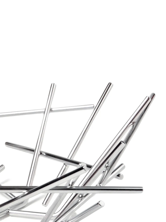 Close up of grey basket showing texture of the steel fabric