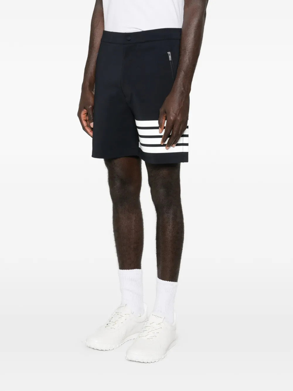Navy shorts, full body view