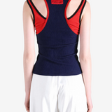 Navy top, full body view