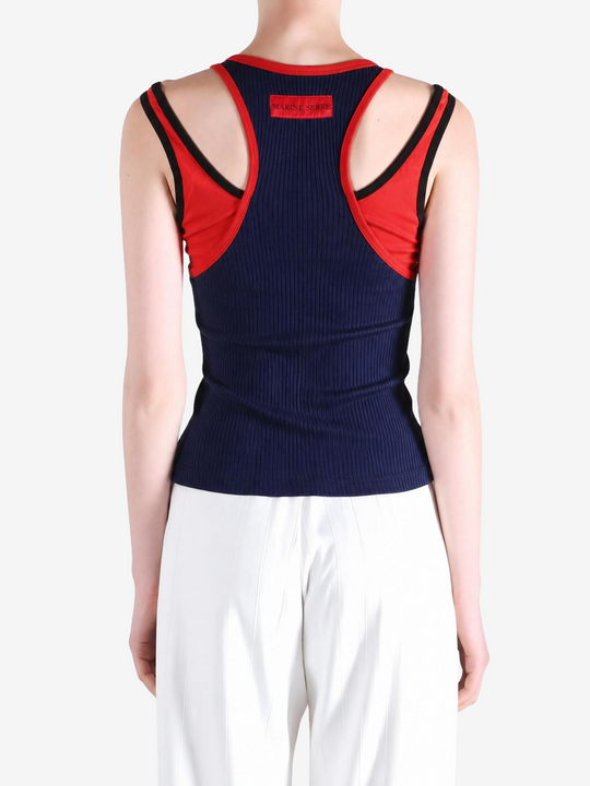 Navy top, full body view