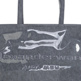 Close up of gray tote bag,showing texture of the polyurethane fabric