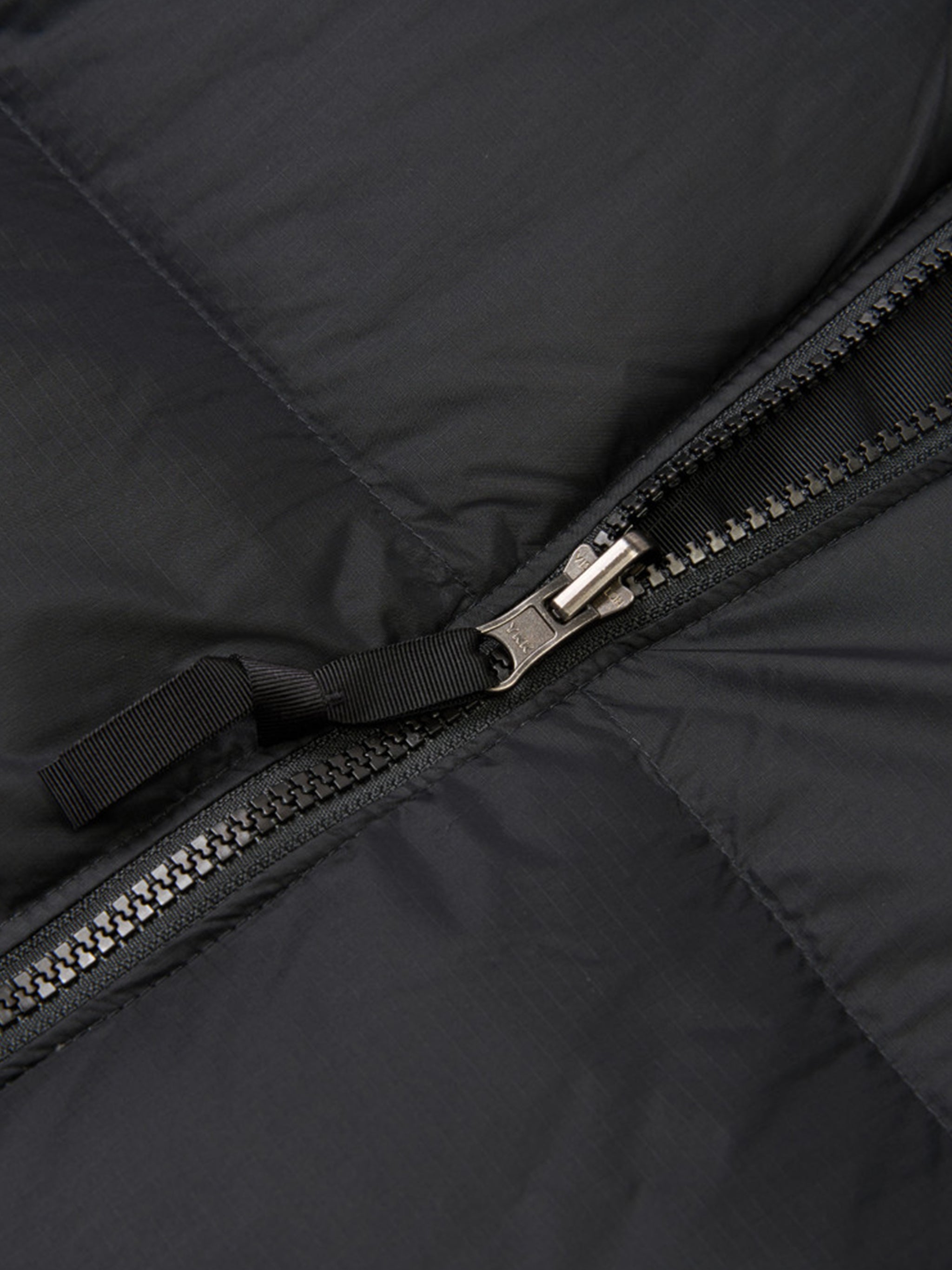 Close up of Black jacket, showing texture of the nylon fabric