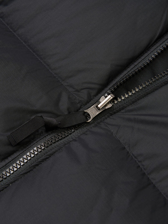 Close up of Black jacket, showing texture of the nylon fabric