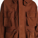 Close up of brown jackets-coats, showing texture of the cotton fabric
