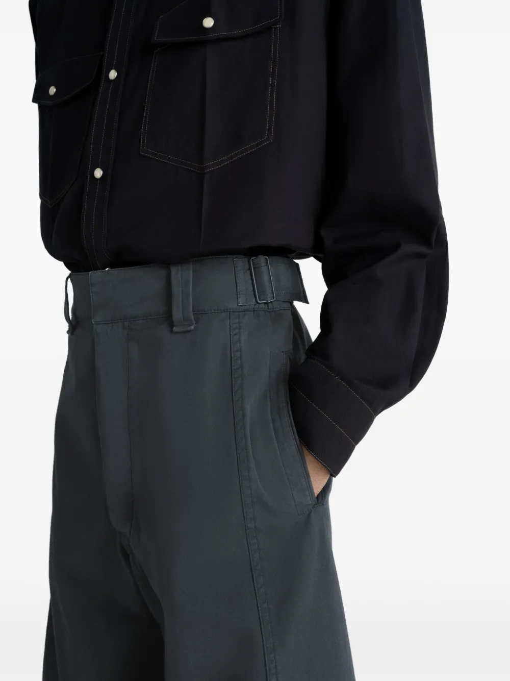 Close up of Grey pants, showing texture of the cotton fabric