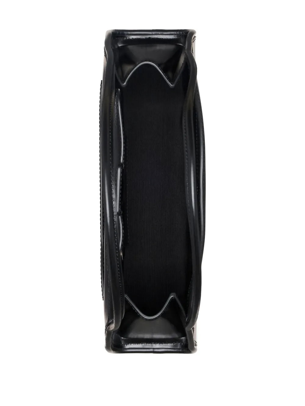 Close up of black bag, showing texture of the leather  fabric