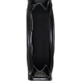 Close up of black bag, showing texture of the leather  fabric