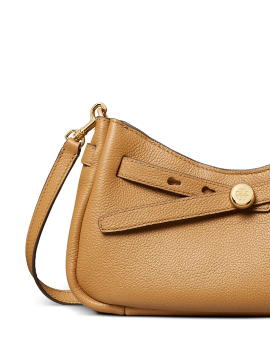 Close up of brown bag, showing texture of the leather fabric