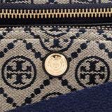 Close up of navy bag, showing texture of the cotton fabric