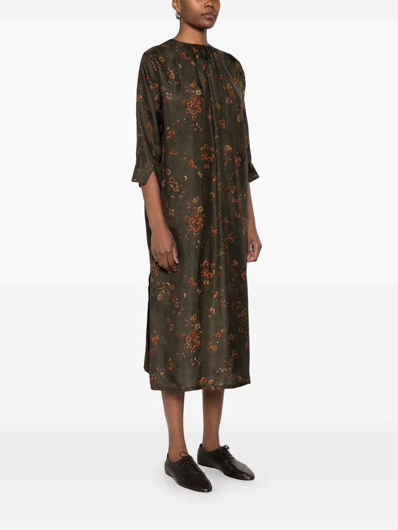 Brown floral dress, full body view