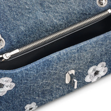 Close up of blue bag,showing texture of the cotton fabric