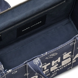 Close up of navy bag,showing texture of the cotton fabric