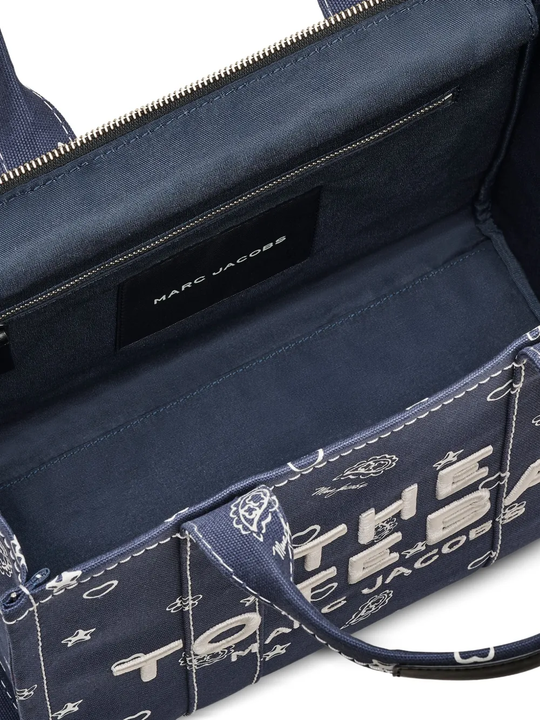 Close up of navy bag,showing texture of the cotton fabric