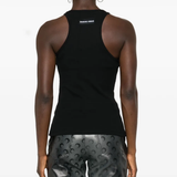 Black tops worn by a person, showing the tops' fit