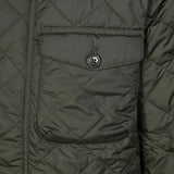 Close up of Green jacket, showing texture of the 100% polyester/ 100% cotton fabric